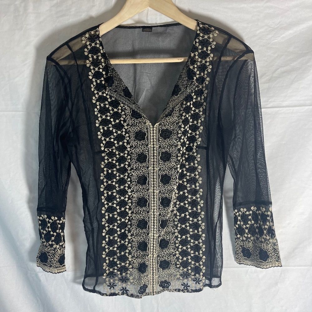 Only Hearts Sheer Black‎ Embroidered Long Sleeve Top Sz L
